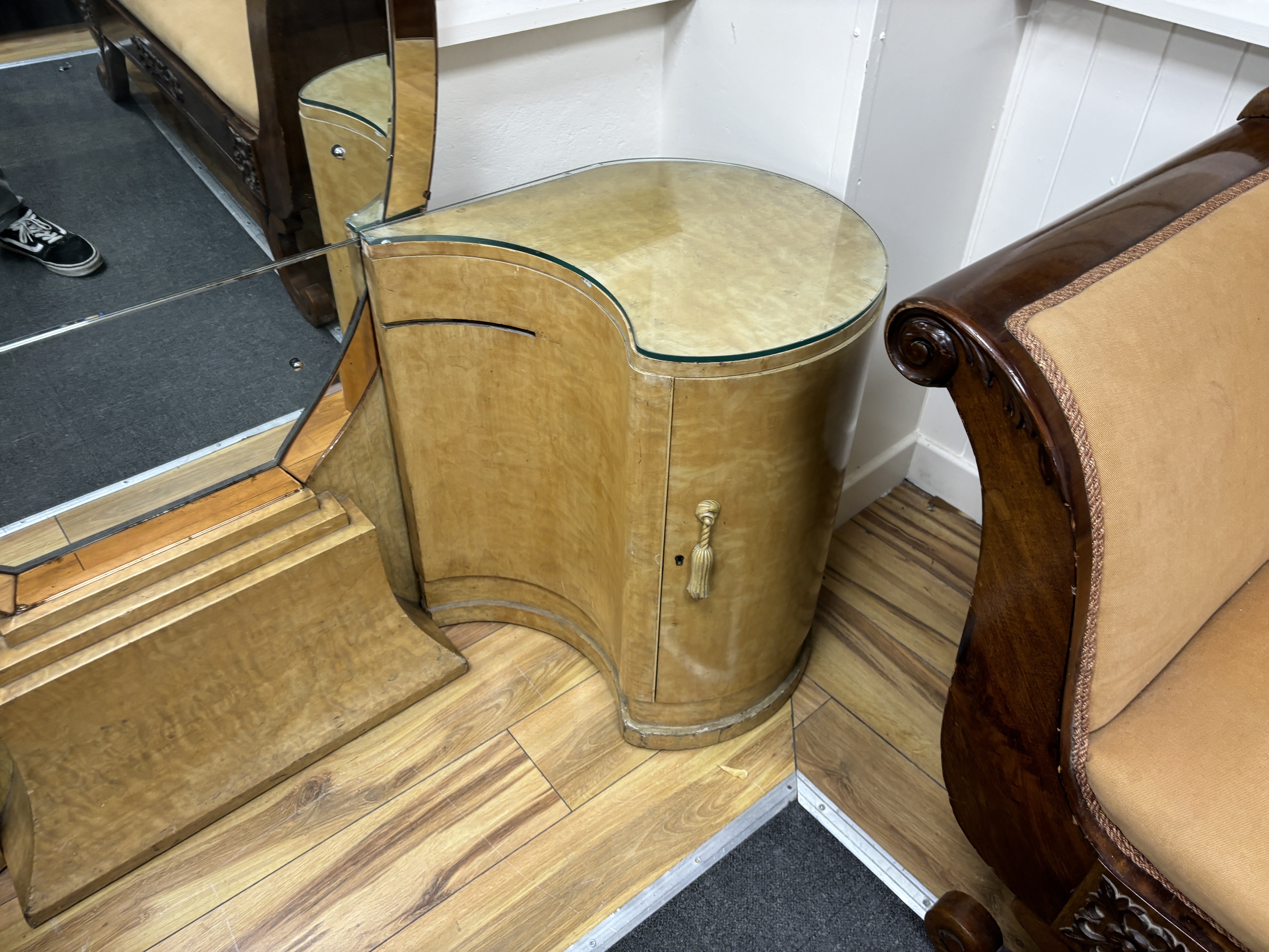 An Art Deco dressing table, width 162cm, depth 45cm, height 154cm. Condition - fair